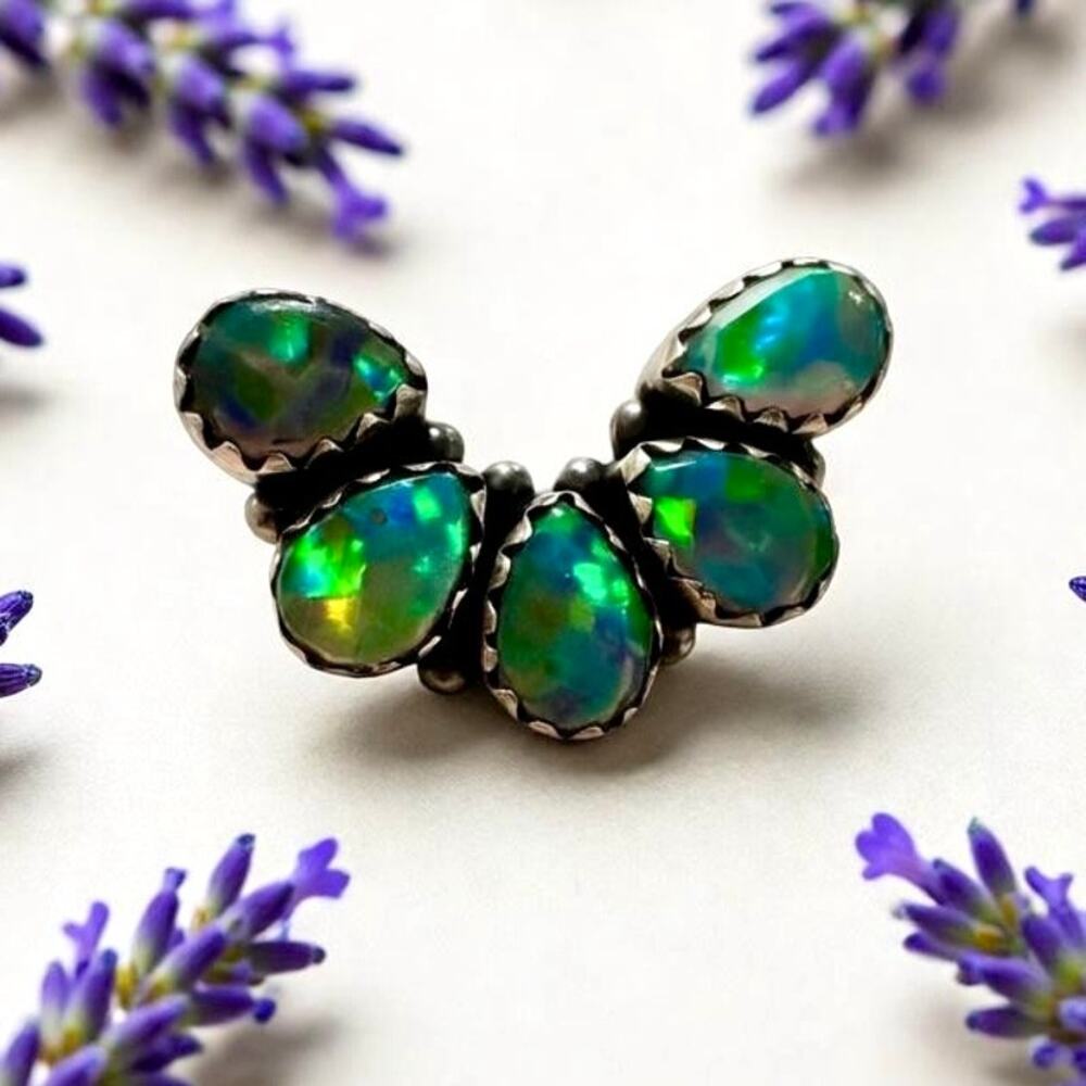 Aurora Opal Naja Ring Stackable Sterling Silver Size 8  Artisan Handmade